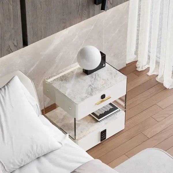 Modern White Smart Leather Nightstand with Light & Sintered Stone Top & Fingerprint Lock - Image 2