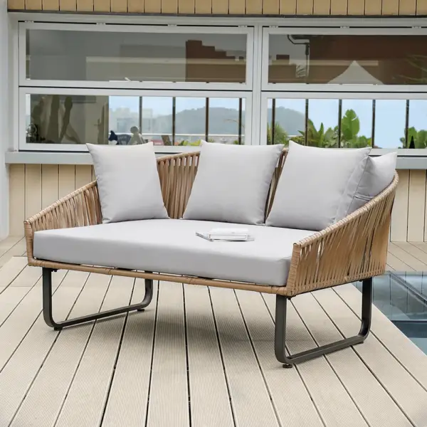 63" Rattan Outdoor Daybed with Grey Cushion Pillow Aluminum Frame - Image 2