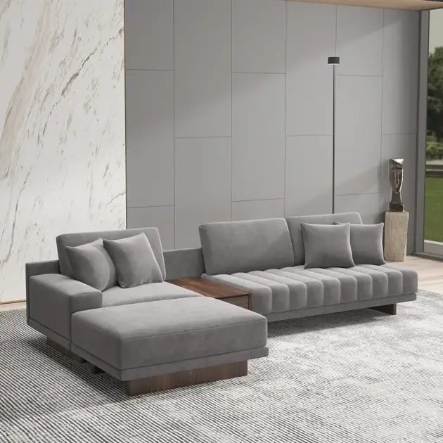 3200mm L-Shaped Grey Modular Velvet Sectional Sofa Chaise with Ottoman for Living Room