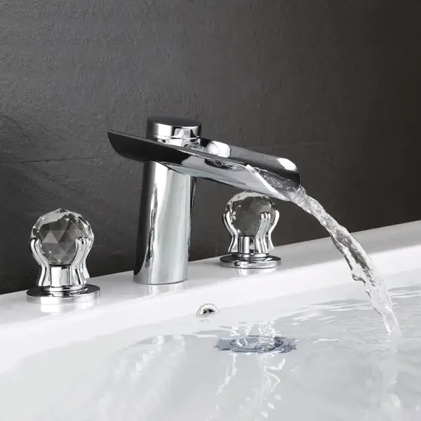 Morga Chrome Waterfall Bathroom 3 Hole Basin Tap with Crystal Handles - Image 5