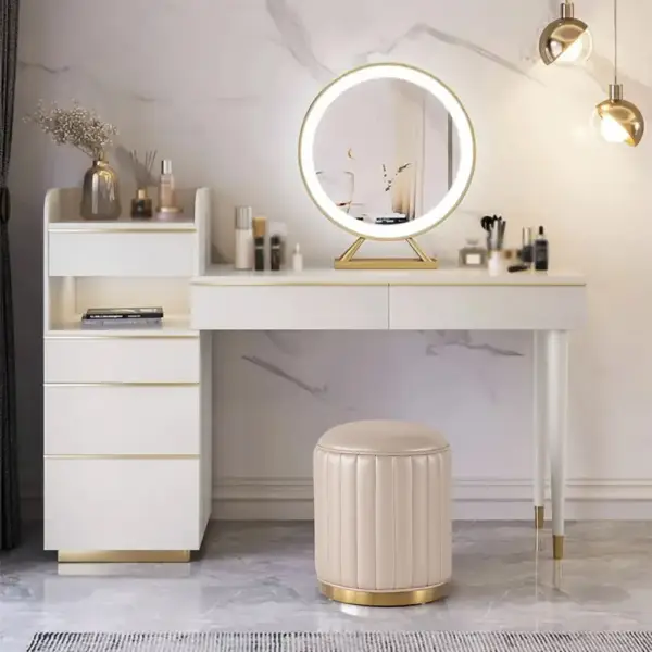 Off-white Makeup Vanity Set Dressing Table with Lighted Mirror Cabinet & Stool Included - Image 2