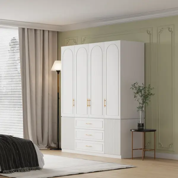 Modern Luxury White Wide Armoire Clothes Cabinet with 3 Drawers & 6 Doors - Image 2