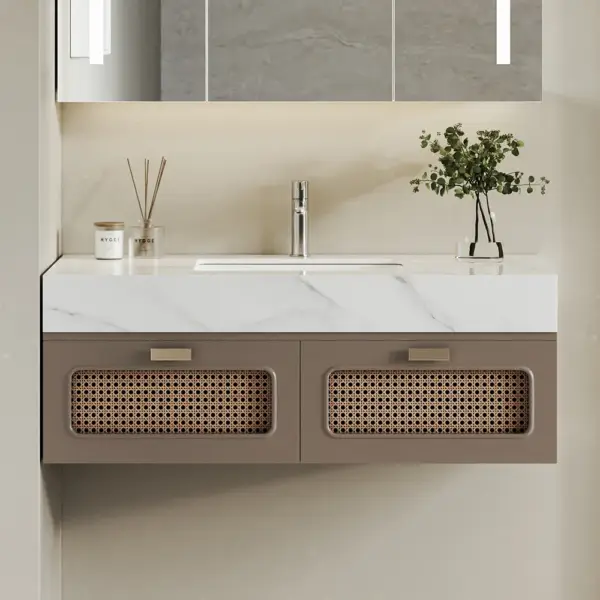 900mm Floating Single Bathroom Vanity with Faux Marble Top Rattan Door - Image 4