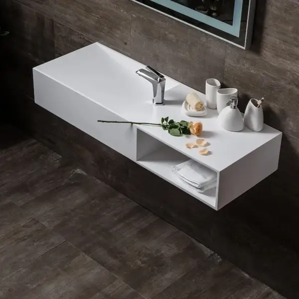 900mm Wall-Mount Stone Resin Wash Basin in Matte White with Storage Cubby Hole - Image 2
