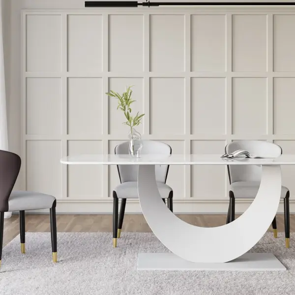 1800mm White Faux Marble Dining Table for 8 Crescent Base Sintered Stone - Image 5