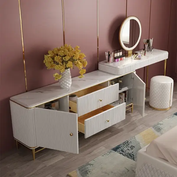 Bline Retractable Marble Top Makeup Vanity Table Cabinet Combo with Storage Corner - Image 4