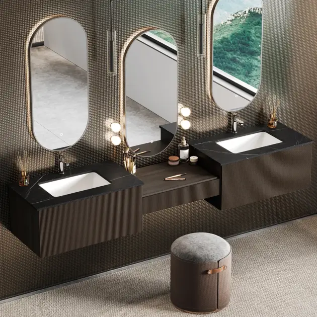 Modern Floating Double Sink Bathroom Vanity Set with Makeup Table Walnut