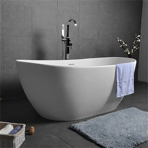 Oval Shape 1630mm Freestanding Matte White Stone Resin Soaking Bath with Overflow