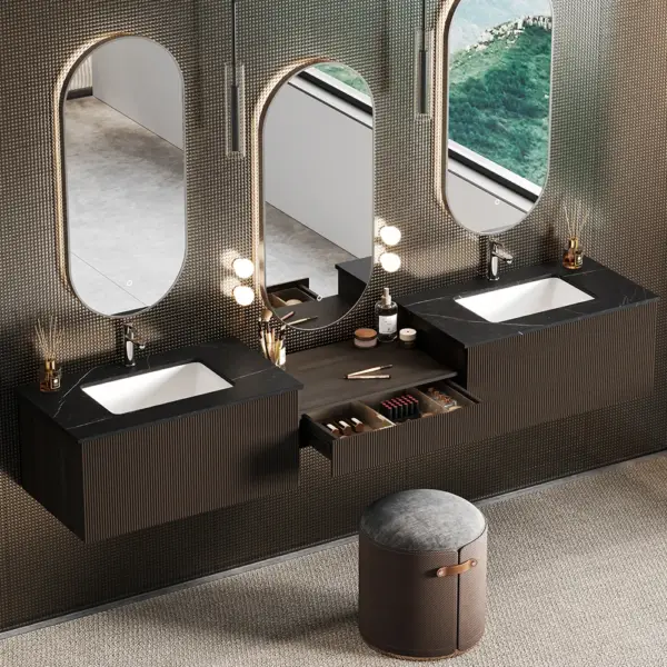 Modern Floating Double Sink Bathroom Vanity Set with Makeup Table Walnut - Image 3