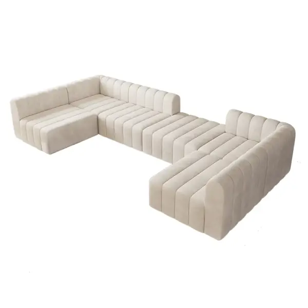 3020mm Off White Velvet Modular Pit Sectional Sofa Set Convertible 6-Seater Upholstered - Image 8
