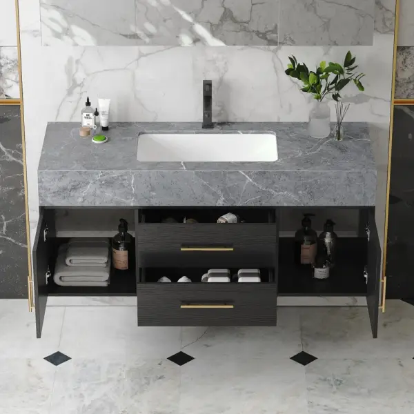 Modern 1000mm Floating Black Bathroom Vanity Stone Top Wall Mounted Bathroom Cabinet - Image 10