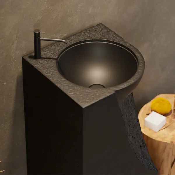 870mm Japandi Tall Stone Resin Pedestal Basin with Rounded Basin Freestanding in Black - Image 6
