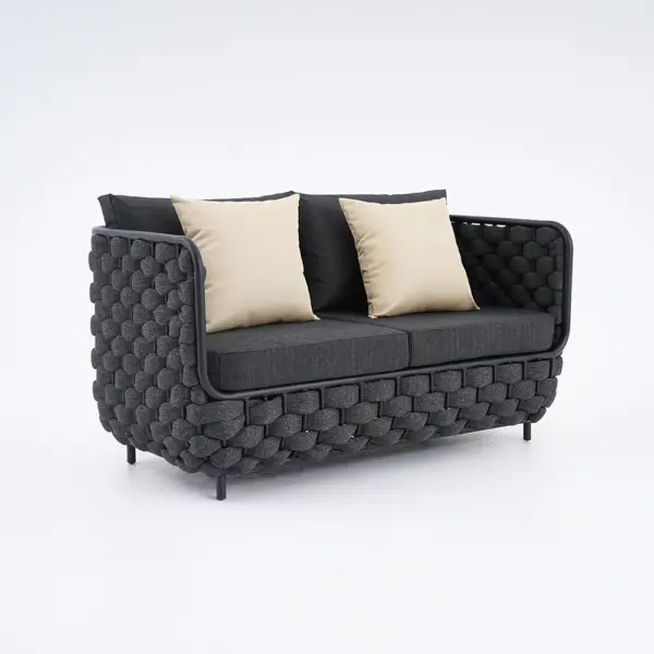 Martic 1350mm Wide Aluminium & Rope Outdoor Loveseat Patio Sofa with Cushions in Black - Image 10