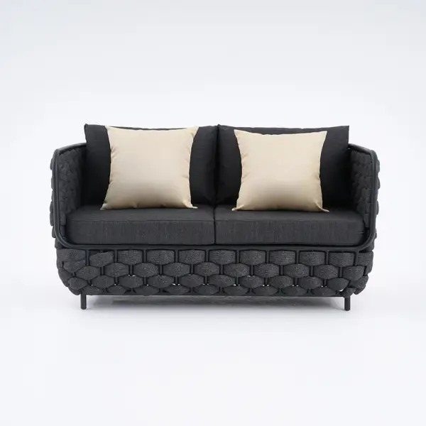 Martic 1350mm Wide Aluminium & Rope Outdoor Loveseat Patio Sofa with Cushions in Black - Image 7