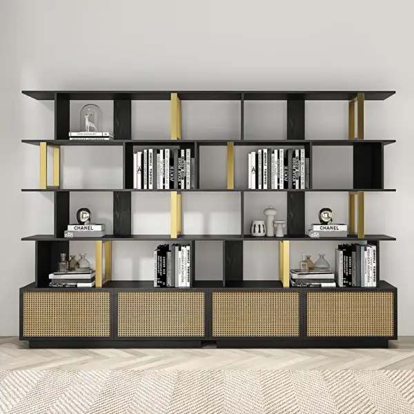 5-Tier Black Wood Bookshelf with 2 Doors Modern Bookcase in Gold Finish - Image 4
