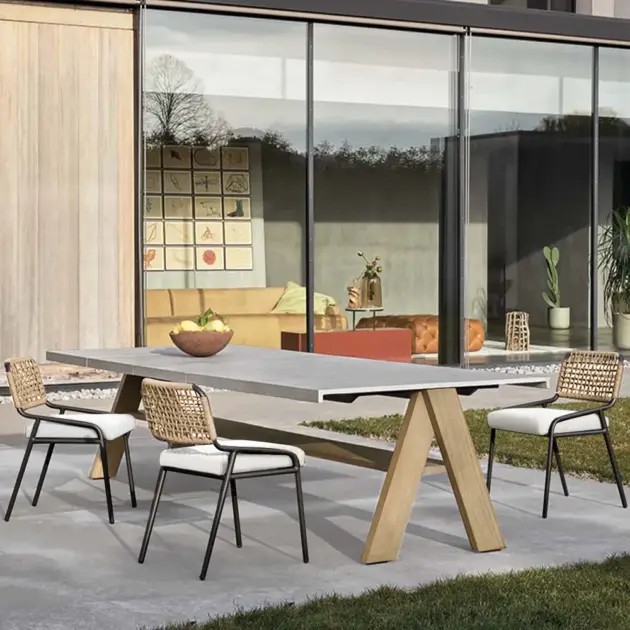 9Pcs Mid Century Modern Outdoor Dining Set Rectangle Table & Aluminum Rattan Chair