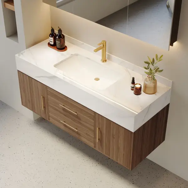 1000mm Walnut Floating Bathroom Vanity Set Stone Top Wall Mounted Bathroom Cabinet - Image 2