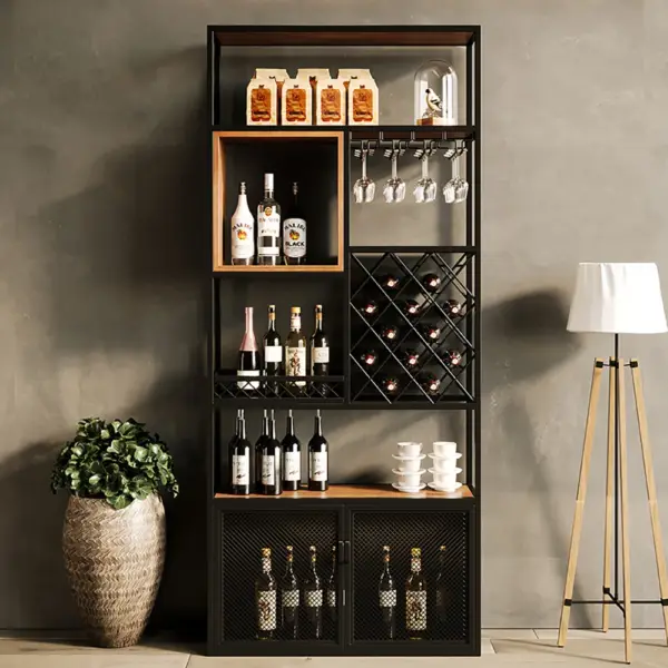Industrial Black 5-Tier Metal Wine Cabinet with Glass Holder for Home Bar - Image 2
