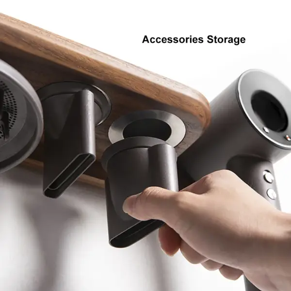 Wood Hair Dryer Holder Rack in Walnut with Accessories Storage & Shelf - Image 6