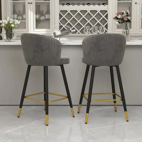 Gray Bar Height Bar Stool Tufted Upholstered Velvet Bar Stool Footrest - Image 4