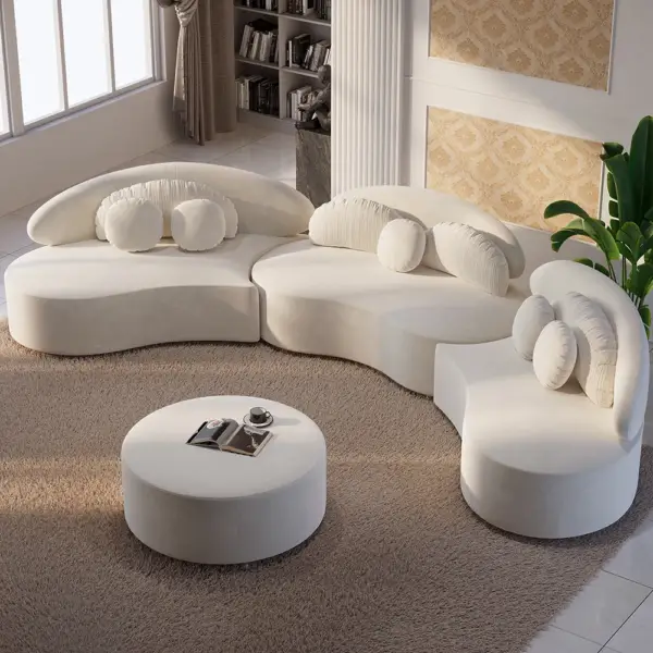Modern 7 Seat Sectional Sofa Curved Modular Beige Velvet Upholstered with Ottoman - Image 4