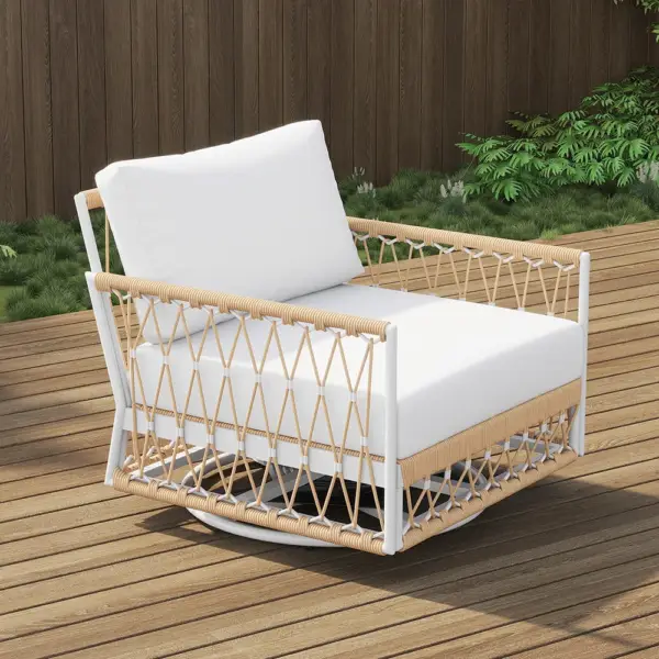 3 Pieces Aluminum & Weave Rope Outdoor Swivel Sofa Set with Side Table in Khaki for 2 - Image 5
