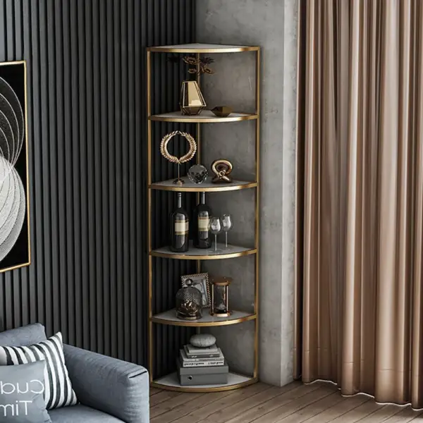 6-Tier Modern Fan-Shaped Shelves Standing Corner Shelf in White&Gold - Image 3