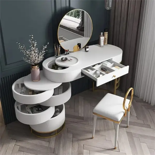 White Makeup Vanity Dressing Table with Swivel Cabinet Mirror & Stool Included - Image 2