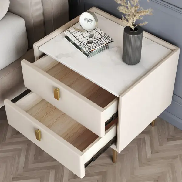 Nightstand Set of Two Modern PU Leather Bedside Table with 2 Drawers & Gold Metal Legs - Image 8