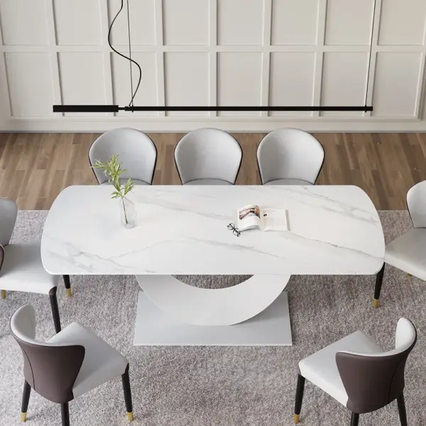 1800mm White Faux Marble Dining Table for 8 Crescent Base Sintered Stone - Image 4