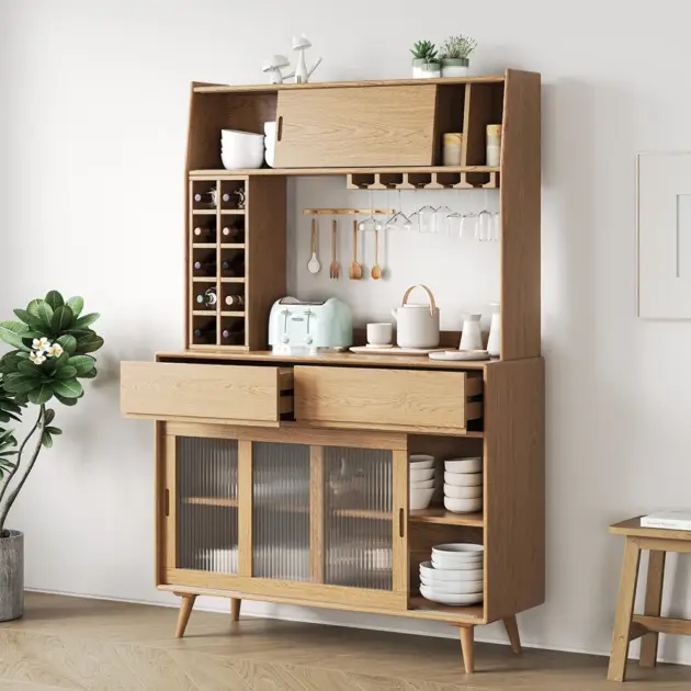 Mid-Century Modern 1710mm Tall Freestanding Pantry Cabinet with Storage Natural Hutch