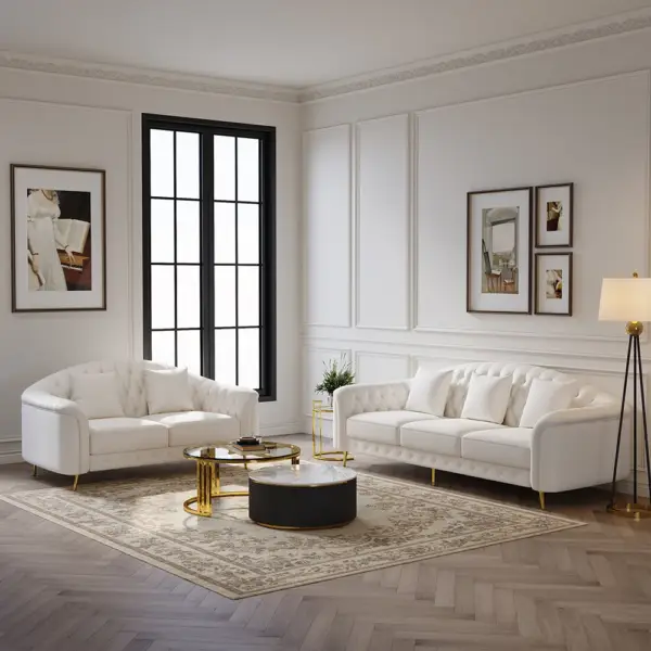 3 Pieces Beige Leather Sofa and Loveseat Living Room Set with Pillows - Image 2