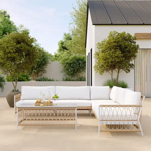 Ropipe 4 Pieces L Shape Woven Rope Outdoor Sectional Sofa Set in Khaki & White For 5 - Image 5