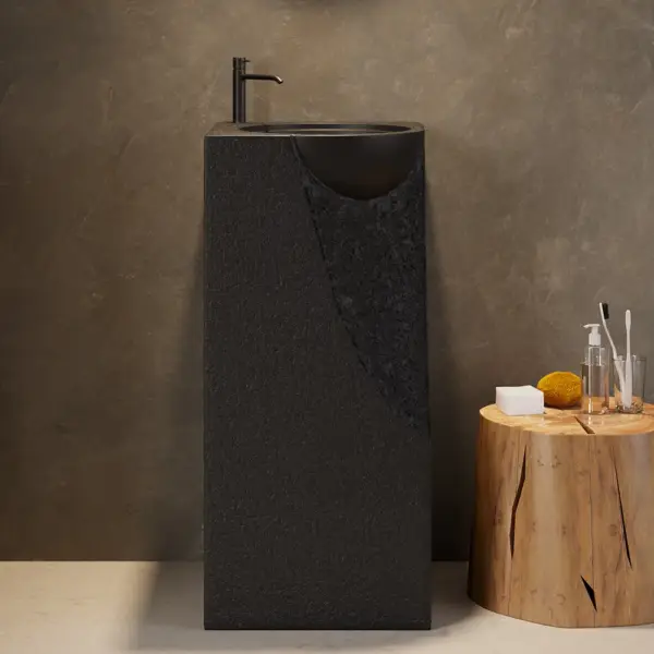 870mm Japandi Tall Stone Resin Pedestal Basin with Rounded Basin Freestanding in Black - Image 4