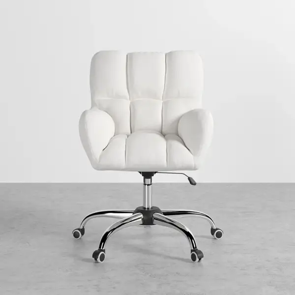 Modern White Office Chair Upholstered Cotton & Linen Swivel Task Chair Height Adjustable - Image 5