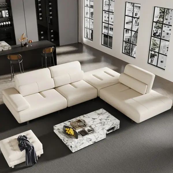 3420mm White Leather Lounge Deep Seat Sectional Sofa with Adjustable Armrest & Backrest - Image 2