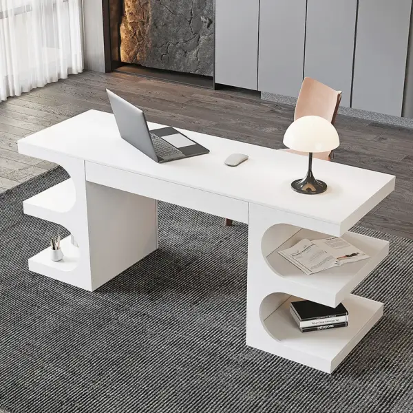 1630mm White Wooden Writing Desk Modern Office Desk with 1 Drawer & 4 Open Shelves - Image 4