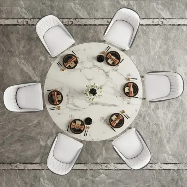 7 Piece Dining Room Set 1350mm Sintered Stone Top Round Dining Table White&Grey 6 Chairs - Image 5