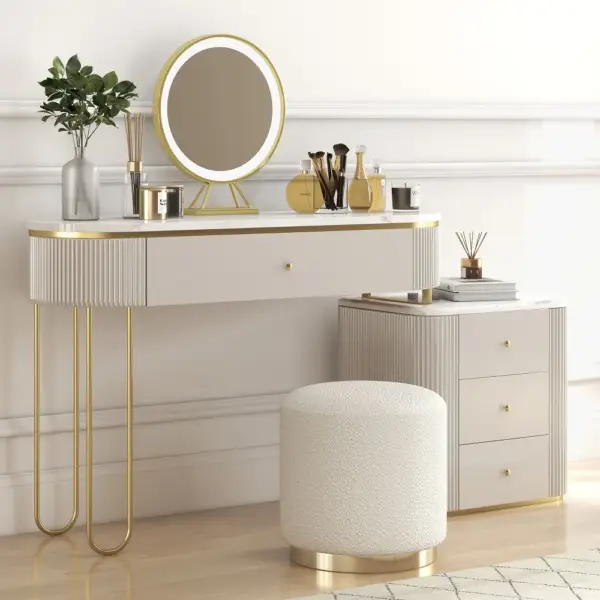 Oboval Modern Makeup Vanity Table with Side Cabinet 4 Drawers & Faux Marble Top in White - Image 6