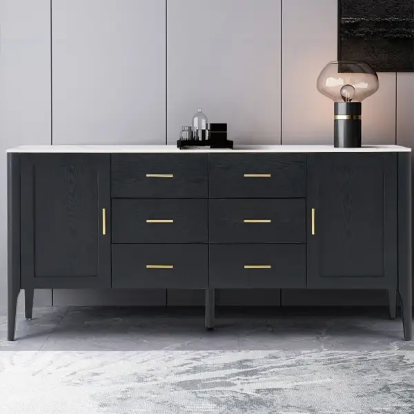 Modern Black Sideboard Buffet Sintered Stone Top Drawers&2 Doors Kitchen Cabinet - Image 2