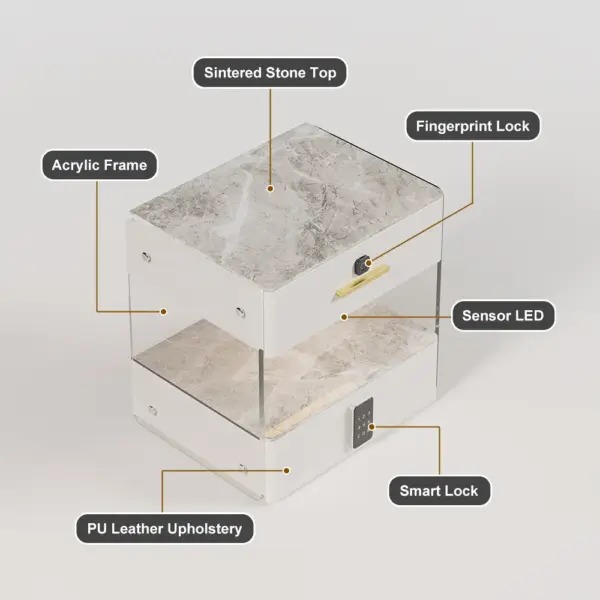 Modern White Smart Leather Nightstand with Light & Sintered Stone Top & Fingerprint Lock - Image 9