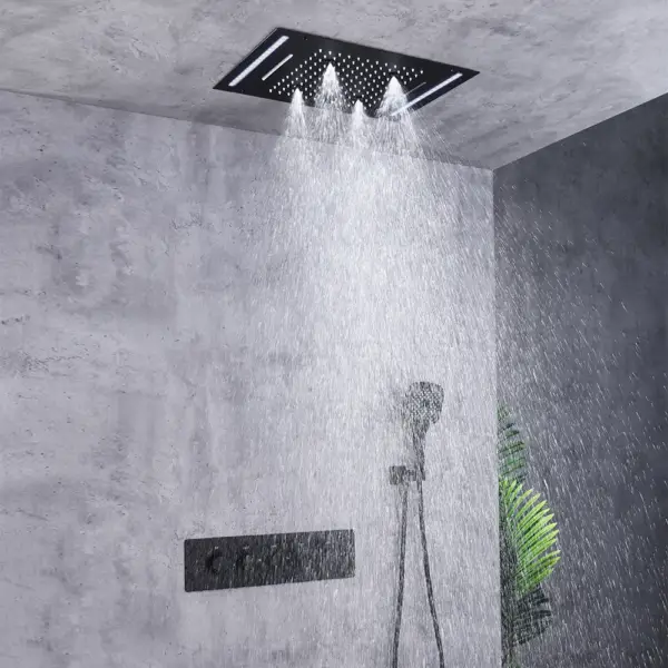 Wall-Mounted 500mm Shower Set Rainfall 4 Functions Thermostatic in Matte Black - Image 5