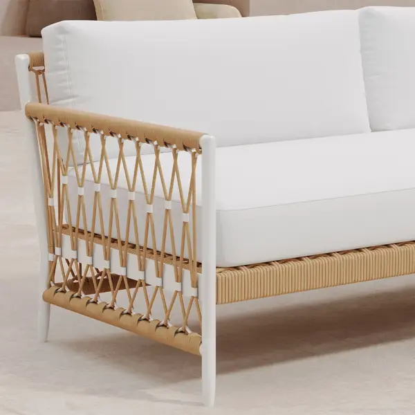 Ropipe Woven Rope Outdoor Sofa 3-Seater Sofa with White Polyester Pillow Cushion - Image 5