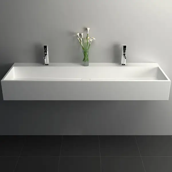 1200mm Wall-Mount Double Basin Stone Resin Matte White Floating Trough Bathroom Basin - Image 5