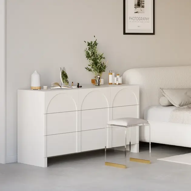 1350mm Japandi Cream White Dresser Nordic Arch Chest of 9 Drawers Storage Cabinet