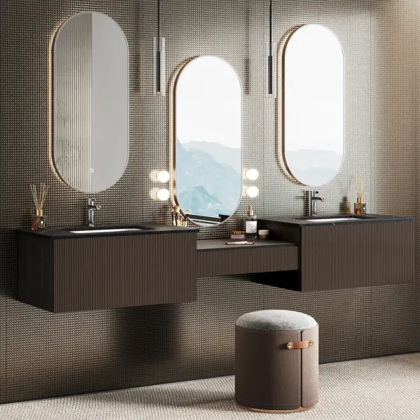Modern Floating Double Sink Bathroom Vanity Set with Makeup Table Walnut - Image 2