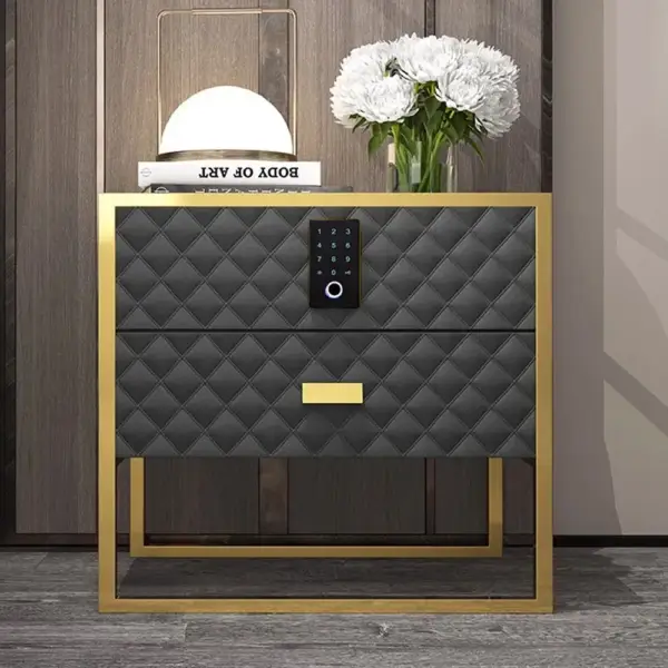 Black 2 Drawers Bedroom Nightstand with Electronic Lock Stainless Steel Base - Image 3