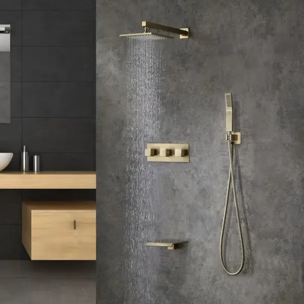 Moda Wall-Mounted 250mm Shower Set in Brushed Gold Rainfall 3 Function Solid Brass - Image 2