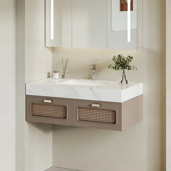 900mm Floating Single Bathroom Vanity with Faux Marble Top Rattan Door - Image 2