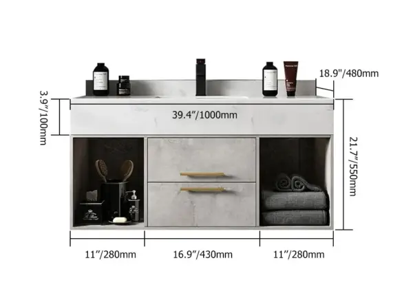 1000mm Grey Floating Bathroom Vanity with Stone Top Wall Mounted Cabinet - Image 2
